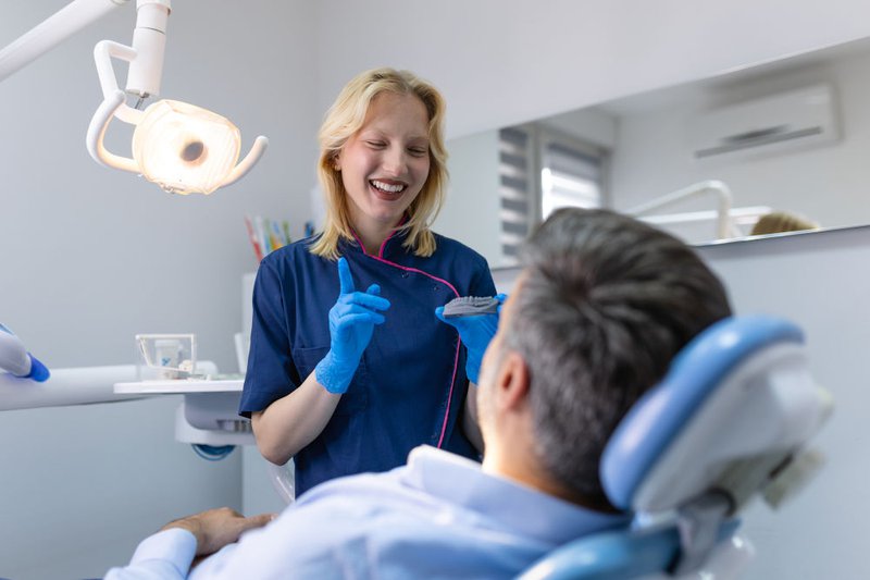 A female dentist demonstrating the structure of teeth and explaining root canal and extraction procedures using a dental model.