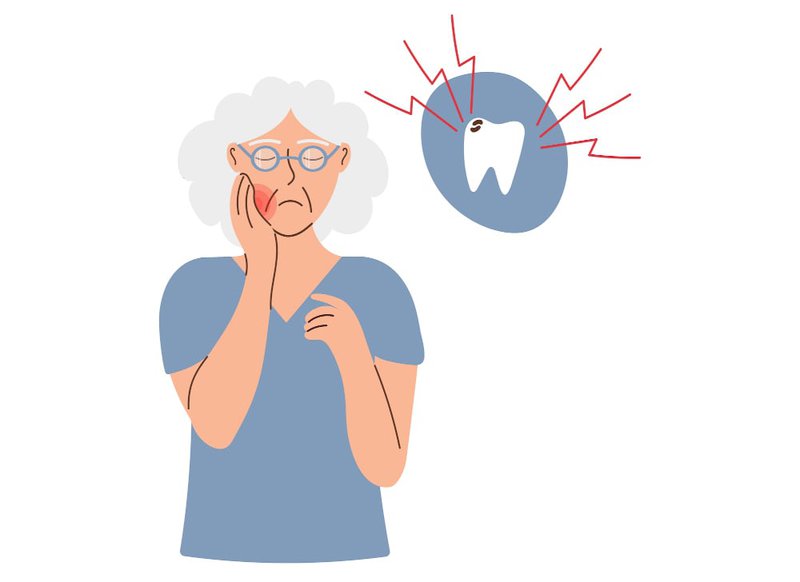 Cartoon of an elderly woman holding her jaw due to suspected dental or sinus pain
